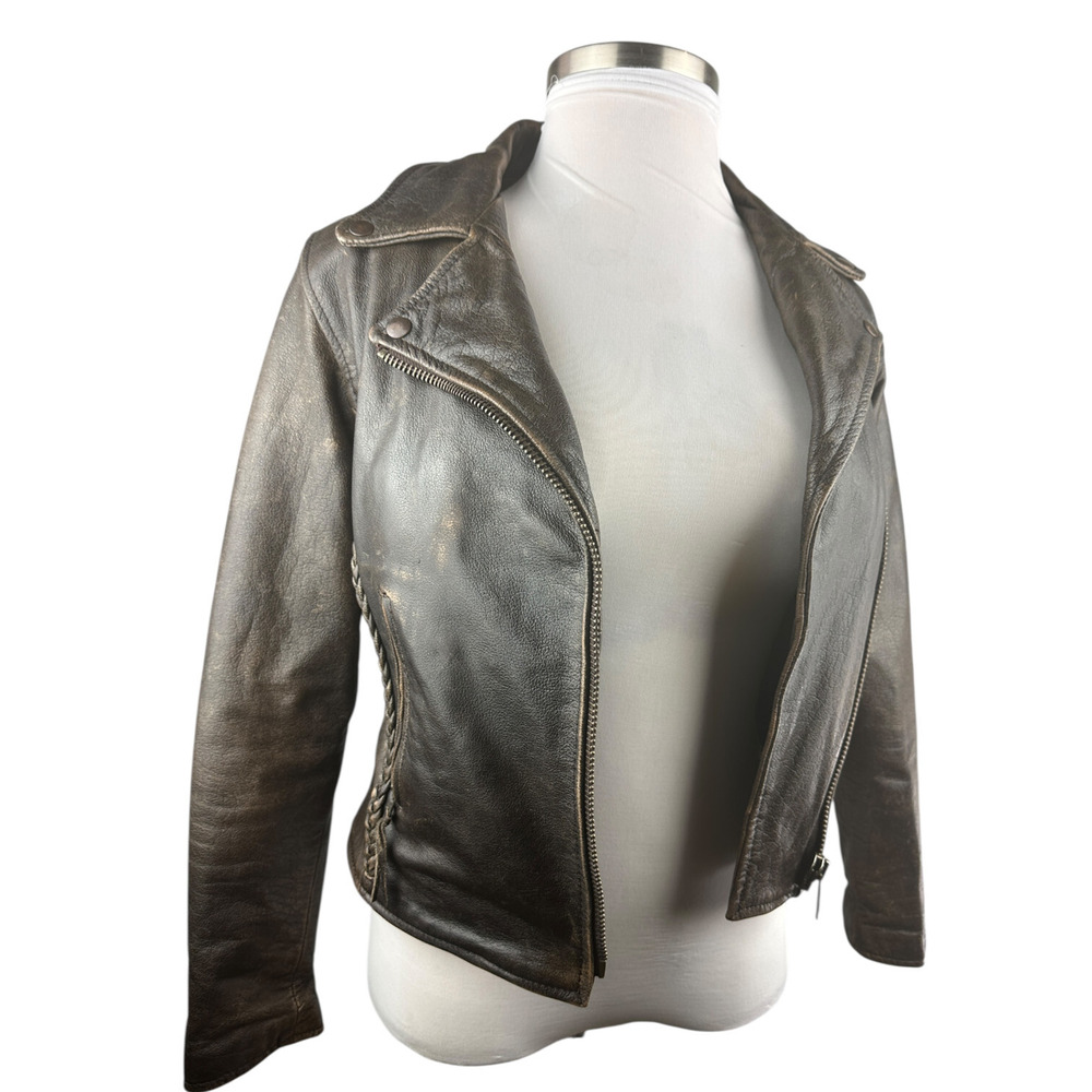 Unik Distressed Brown Leather Braided Moto Motorcycle Jacket Cross Zip Size XS - Picture 2 of 16